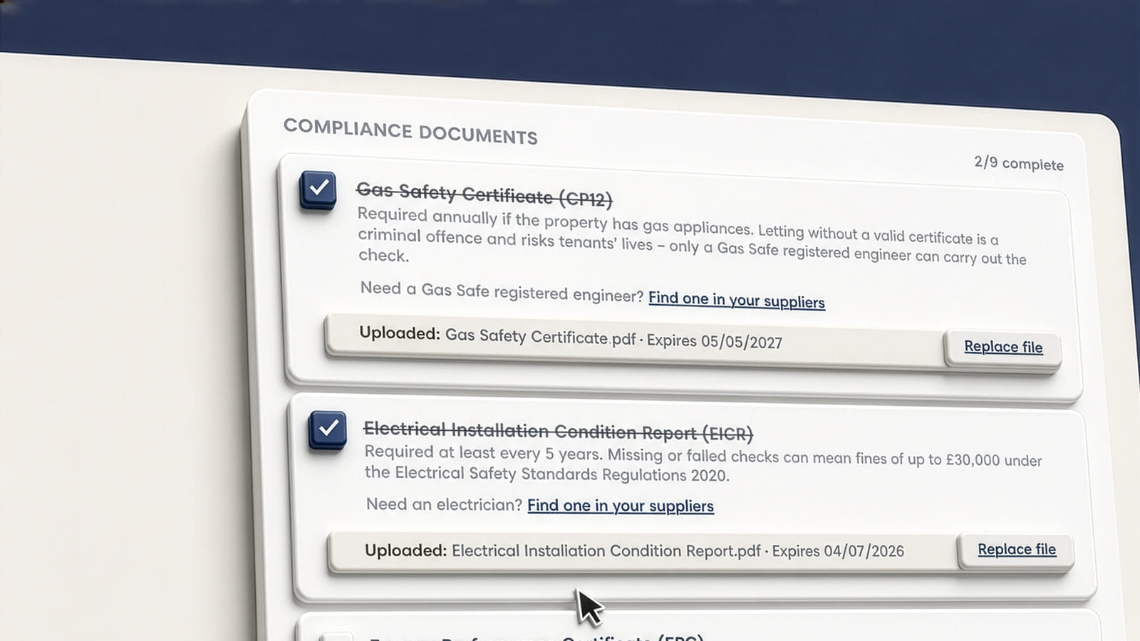 An illustration of the compliance checklist, with the gas safety certificate and EICR ticked off and their expiry dates showing