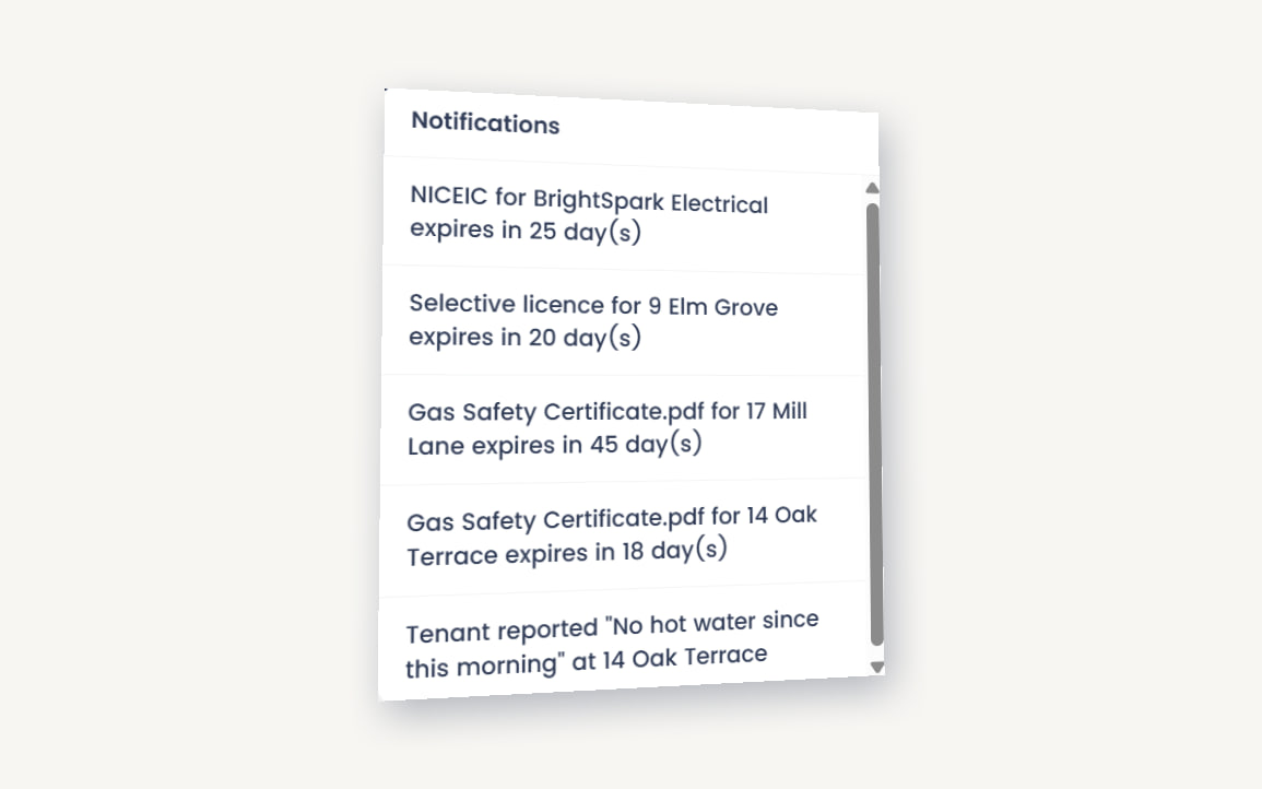 An illustration of the notification panel, listing certificate and licence renewals coming up
