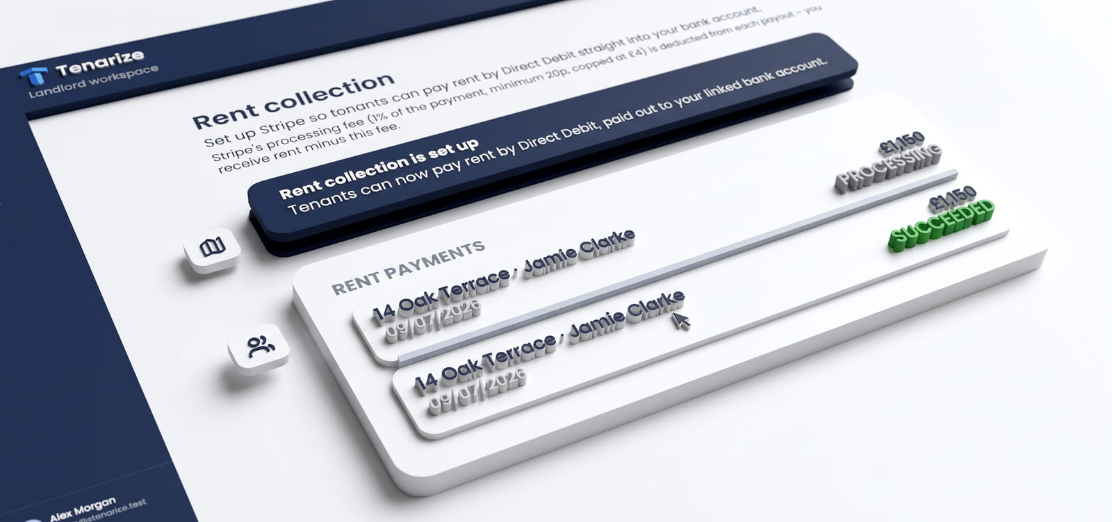 An illustration of the rent collection screen, showing Direct Debit payments and their status