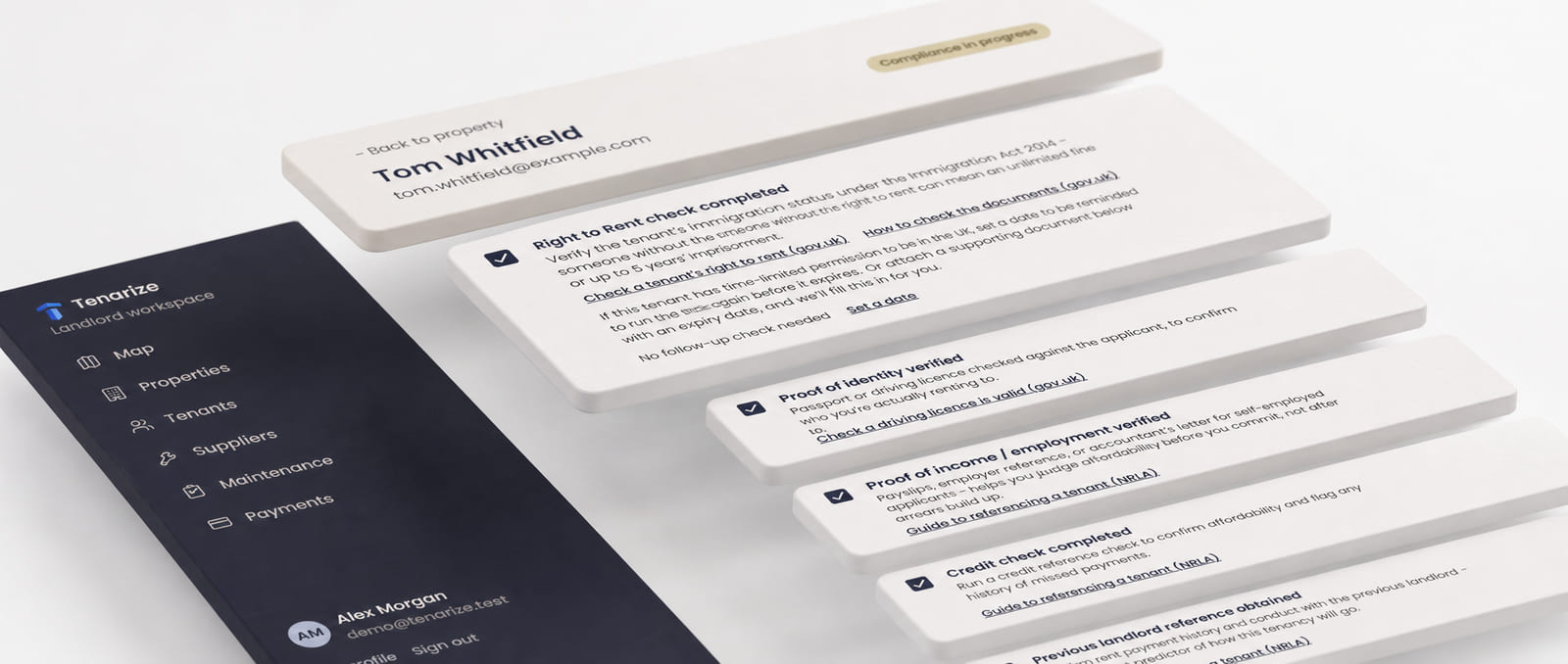 An illustration of Tenarize's tenant vetting checklist, showing Right to Rent, proof of identity, income and credit checks completed