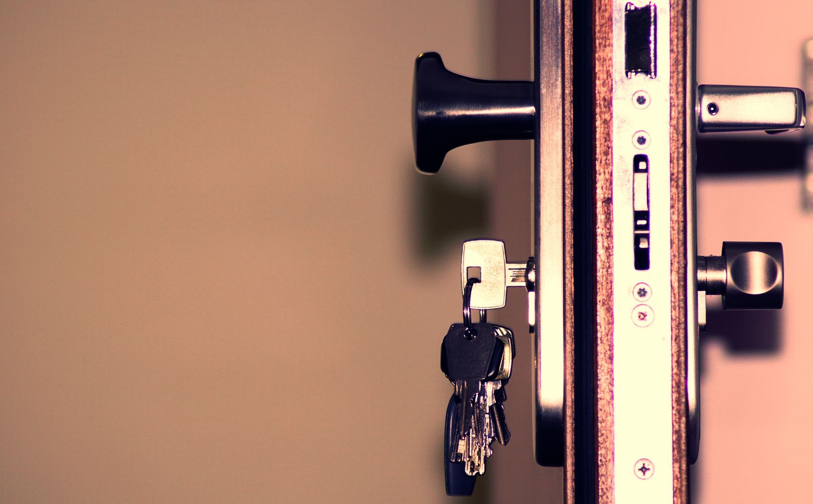 A set of keys left in the lock of a door